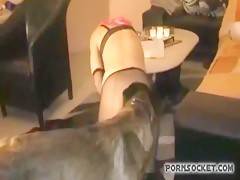 Dog fucks woman missionary style on her fours