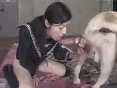 Kinky Japanese schoolgirl loves to throat the dog cock